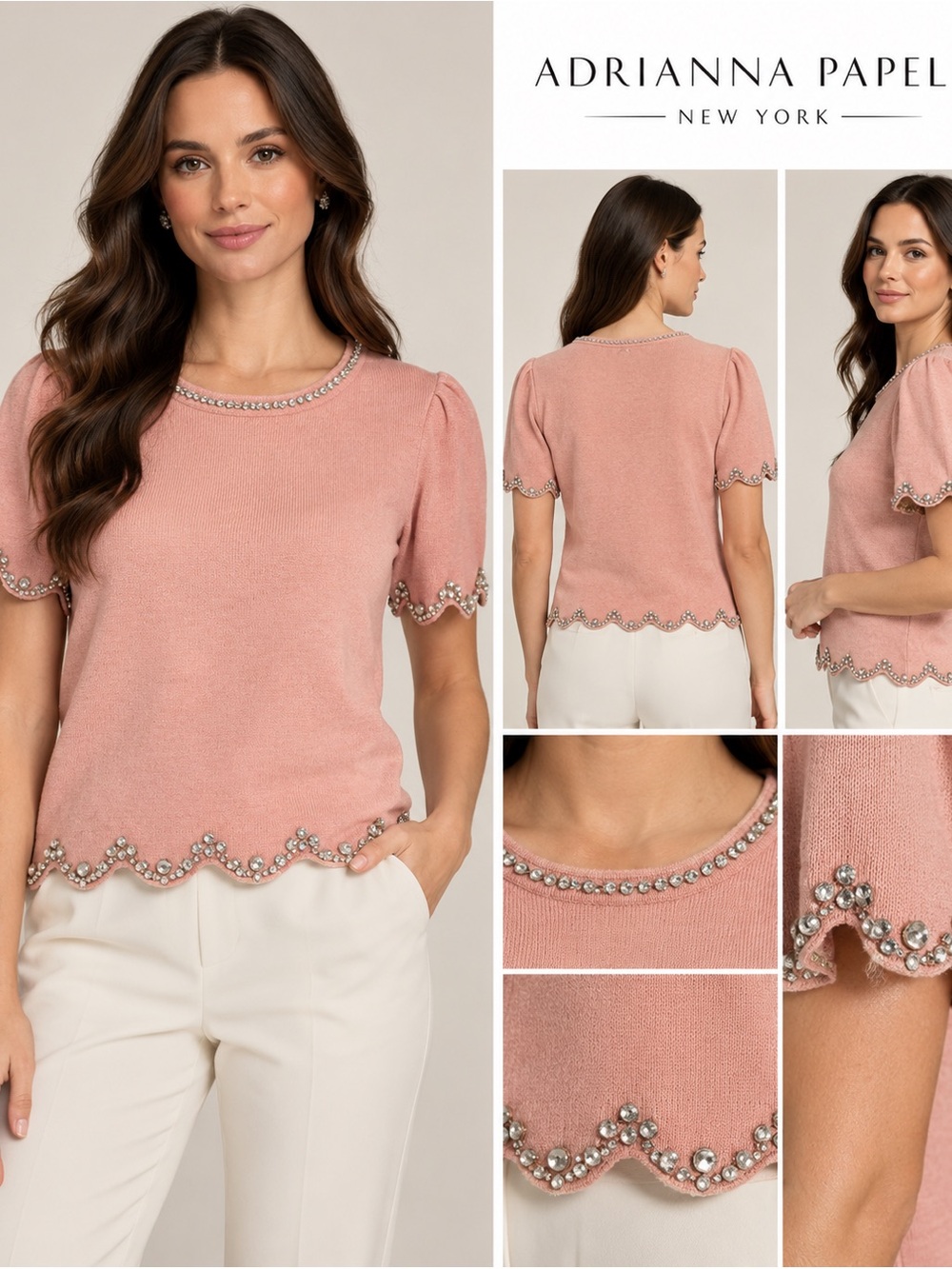 Adrianna Papell Pink Rhinestone Scallop Hem Short Sleeve Sweater M Holiday - Picture 1 of 10